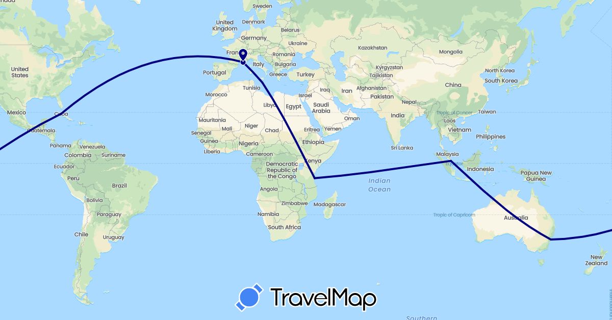 TravelMap itinerary: driving in Australia, Cuba, France, Malta, Singapore, Tanzania (Africa, Asia, Europe, North America, Oceania)